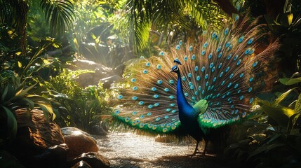 Obraz premium Peacock displays plumage in lush tropical garden
