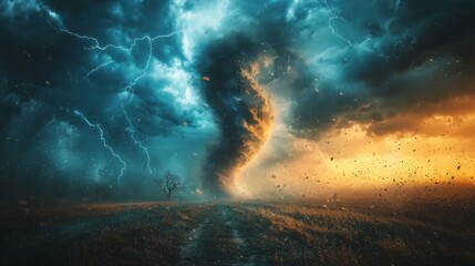 Fototapeta premium Storm Clouds with Tornado and Lightning in Dramatic Landscape