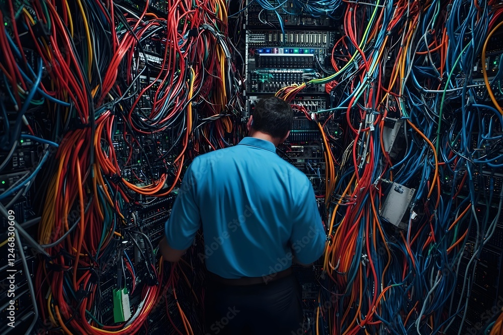 Poster technician working on a complex server room network