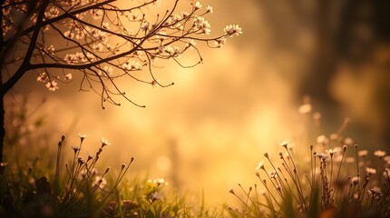 Tree blossom and wild flowers warm colors.