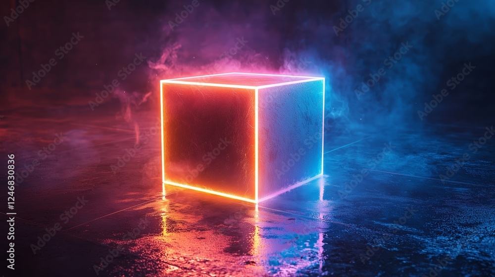 Poster neon glowing cube with colorful light and mist effect