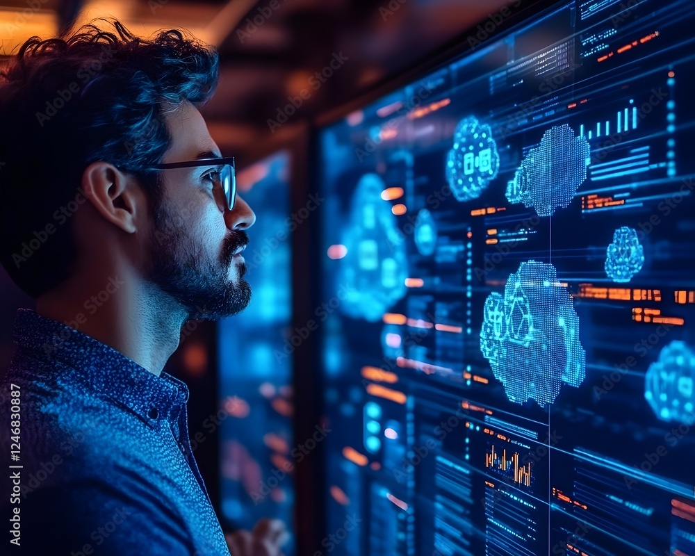 Poster focused data analyst studying complex digital information on a large screen