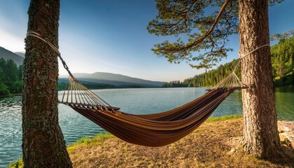 Obraz premium Relaxing in a hammock by the serene lake during a warm summer day