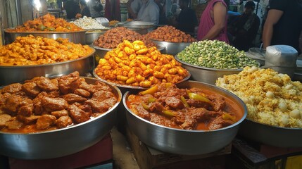 Obraz premium variety of Indian food items on display at a market stall. There are several large pots and pans filled with different types of food, including curry, meat, and vegetables.