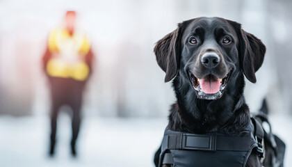 Police dog K9 unit. A cheerful black Labrador retriever in a harness stands in the snow, with an officer in a yellow vest in the background.