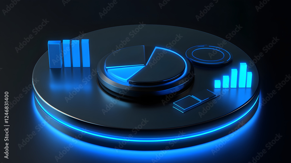 Poster cute isometric 3d image of 3d pie chart and bar chart in realistic metallic silver illuminated by ne
