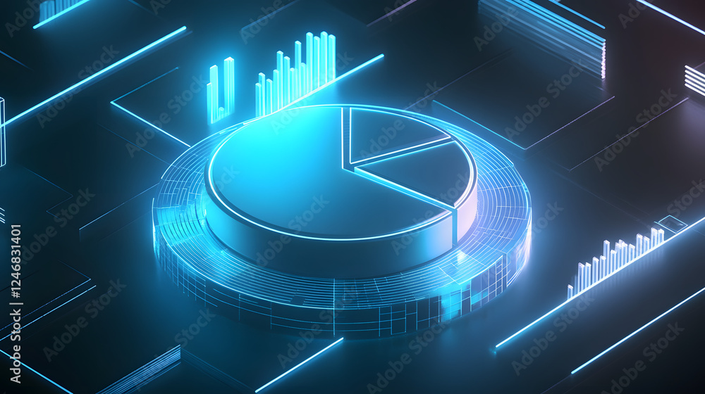 Poster cute isometric 3d image of 3d pie chart and bar chart in realistic metallic silver illuminated by ne