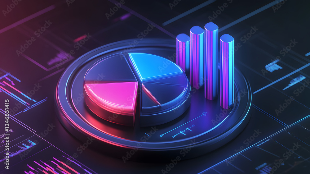 Poster cute isometric 3d image of 3d pie chart and bar chart in realistic metallic silver illuminated by ne