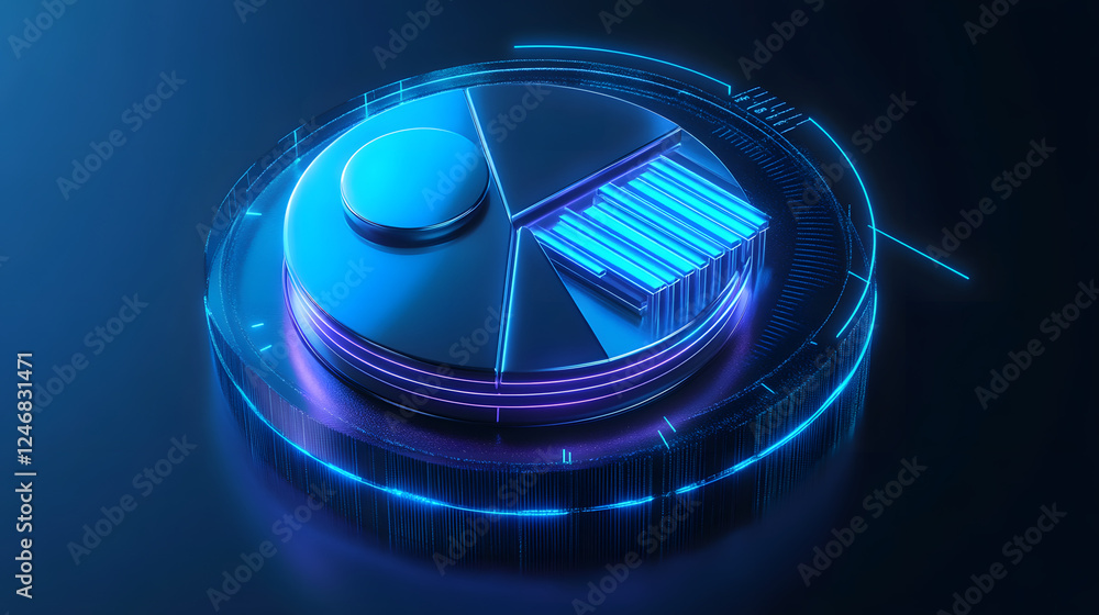 Poster cute isometric 3d image of 3d pie chart and bar chart in realistic metallic silver illuminated by ne
