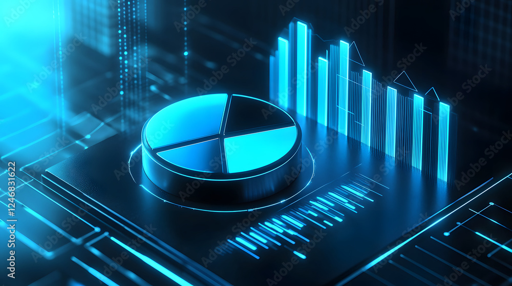 Poster cute isometric 3d image of 3d pie chart and bar chart in realistic metallic silver illuminated by ne