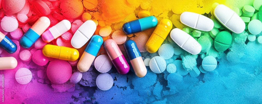 Poster a vibrant array of colorful capsules and pills scattered on a rainbow background, showcasing the var