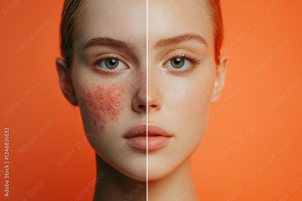 Aufkleber experience the transformation with a side by side skin comparison highlighting acne and smooth skin.