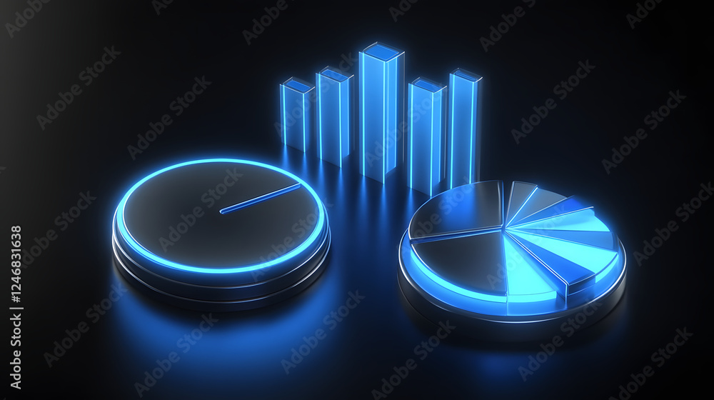 Aufkleber cute isometric 3d image of 3d pie chart and bar chart in realistic metallic silver illuminated by ne
