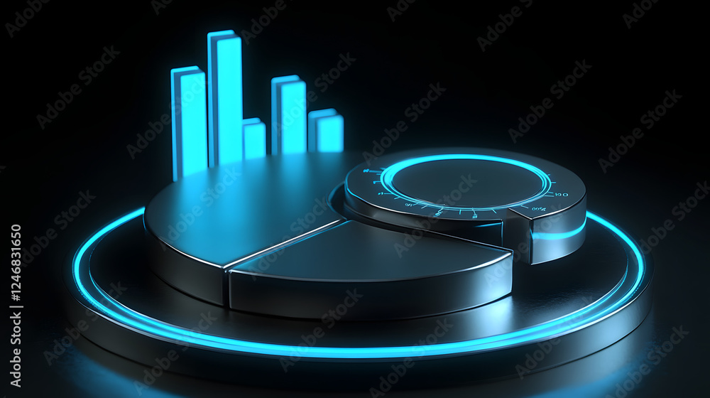 Poster cute isometric 3d image of 3d pie chart and bar chart in realistic metallic silver illuminated by ne