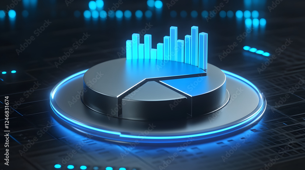 Poster cute isometric 3d image of 3d pie chart and bar chart in realistic metallic silver illuminated by ne