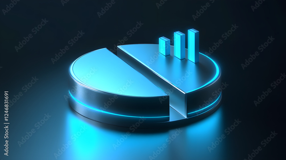 Poster cute isometric 3d image of 3d pie chart and bar chart in realistic metallic silver illuminated by ne