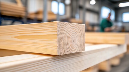 Close-up of wooden lumber beams in bright workshop environment.