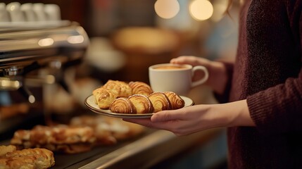 Woman holding pastries and coffee at cafe, baked goods and warm drink