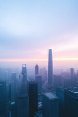 Fototapeta premium drone view of modern financial district with skyscrapers and futuristic architecture captured at sunrise