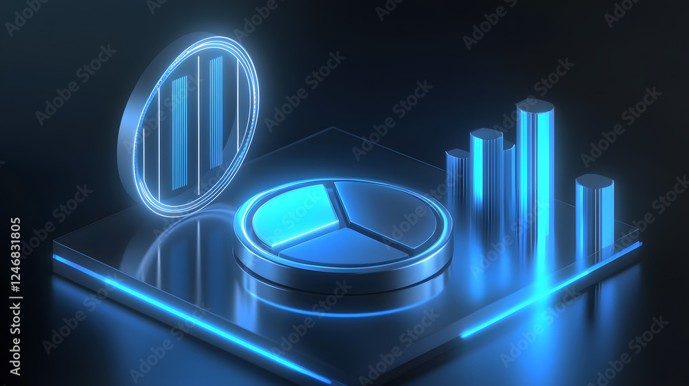 Poster cute isometric 3d image of 3d pie chart and bar chart in realistic metallic silver illuminated by ne