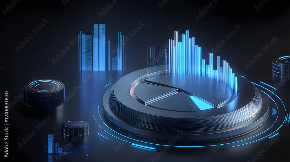 Poster cute isometric 3d image of 3d pie chart and bar chart in realistic metallic silver illuminated by ne