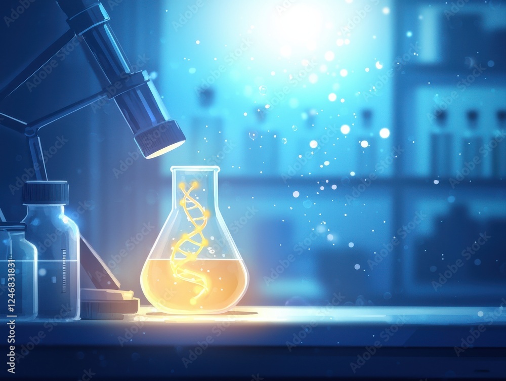Poster a glowing flask with a dna strand sits on a laboratory table, illuminated by a microscope and surrou