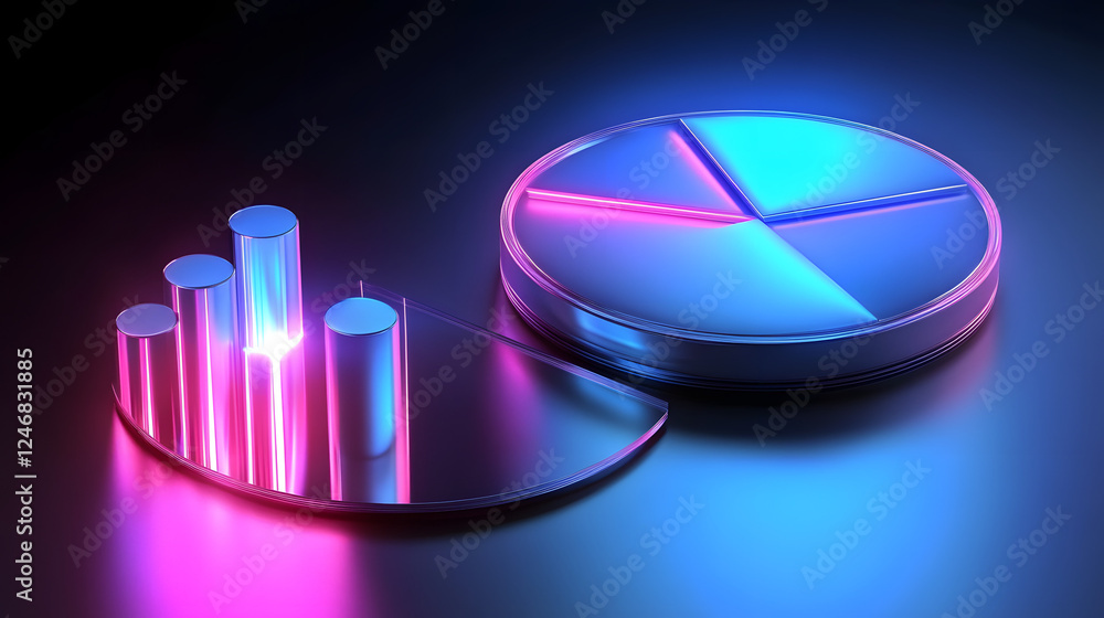 Poster cute isometric 3d image of 3d pie chart and bar chart in realistic metallic silver illuminated by ne