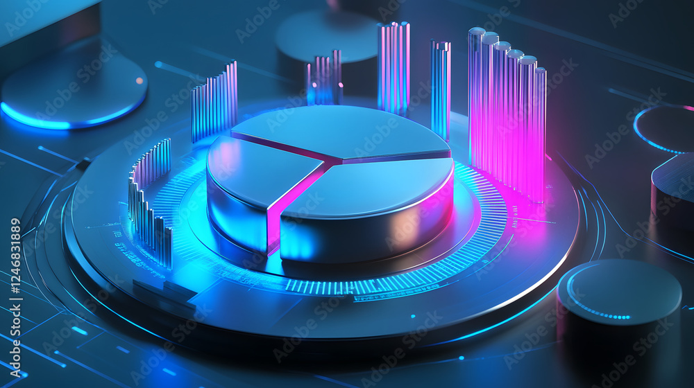 Poster cute isometric 3d image of 3d pie chart and bar chart in realistic metallic silver illuminated by ne