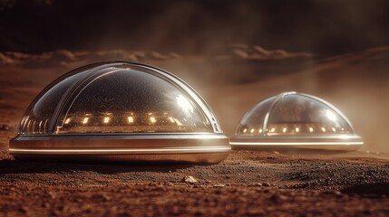 Futuristic Space Domes on Mars Landscape with Dust
