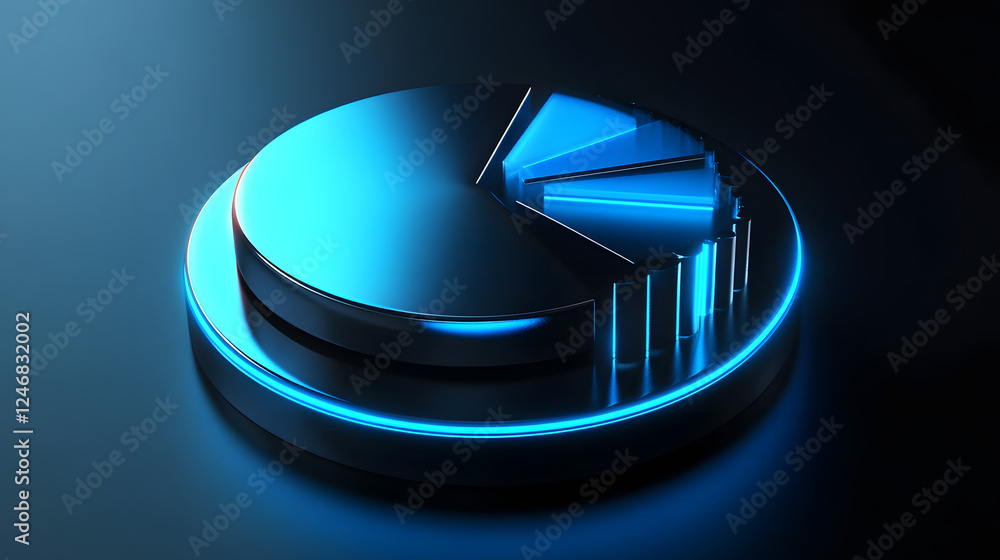 Poster cute isometric 3d image of 3d pie chart and bar chart in realistic metallic silver illuminated by ne