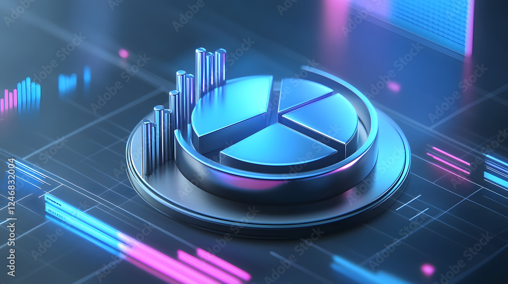 Poster cute isometric 3d image of 3d pie chart and bar chart in realistic metallic silver illuminated by ne