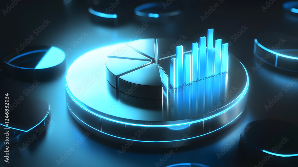 Poster cute isometric 3d image of 3d pie chart and bar chart in realistic metallic silver illuminated by ne