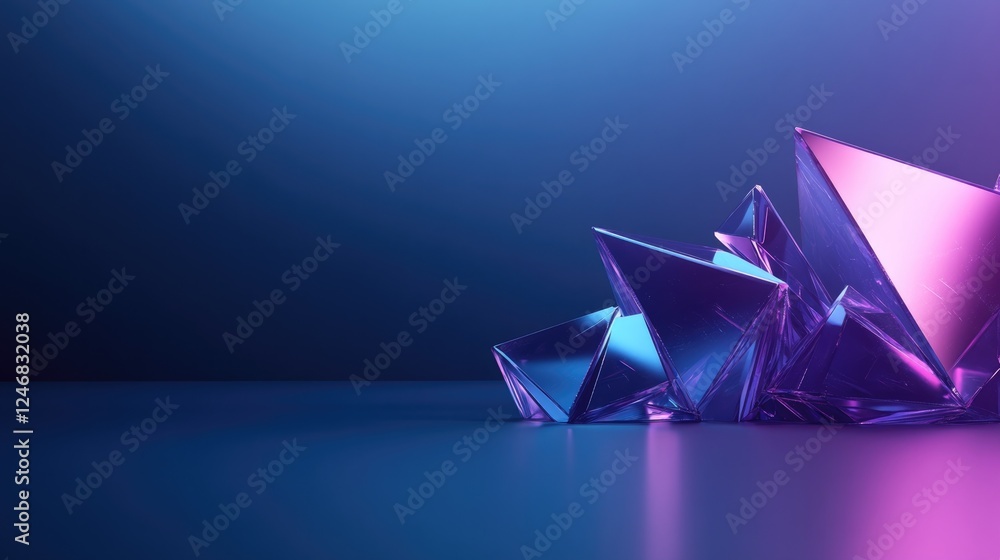 Poster dynamic arrangement of abstract triangles with edges and vibrant gradient lighting creating bold vis