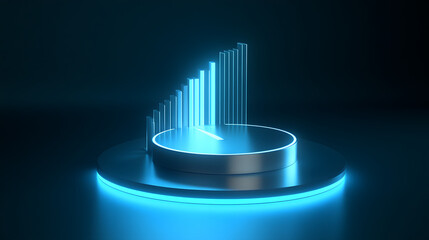 Cute isometric 3D image of 3D pie chart and bar chart in realistic metallic silver illuminated by neon blue. add floating, transparent charts and circular measurement tools. ensure perfect shapes an