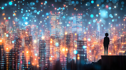 Obraz premium Urban Dreamscape Under a Starry Night Sky With a Rooftop Silhouette