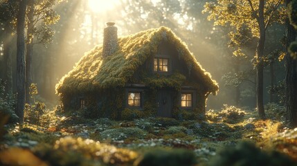 Mossy cottage sunrise forest fairytale home