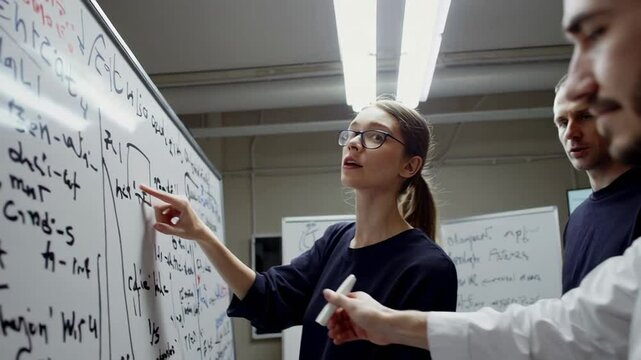 Two scientists, a woman and a man, are discussing and analyzing complex formulas and equations written on a whiteboard in a laboratory, captured in a slow motion multi frame composition