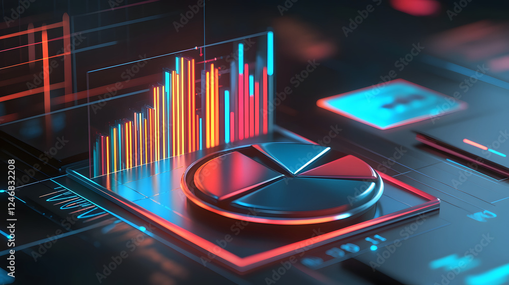 Poster Cute isometric 3D image of 3D pie chart and bar chart in realistic metallic silver illuminated by neon blue. add floating, transparent charts and circular measurement tools. ensure perfect shapes an