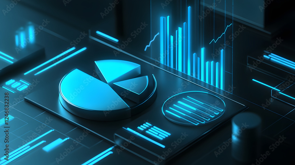 Poster cute isometric 3d image of 3d pie chart and bar chart in realistic metallic silver illuminated by ne