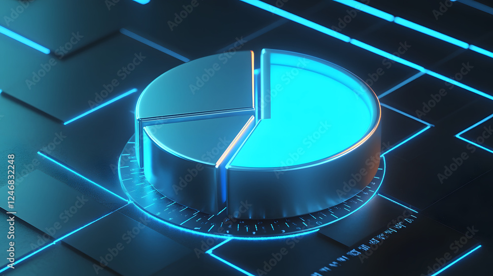 Poster cute isometric 3d image of 3d pie chart and bar chart in realistic metallic silver illuminated by ne