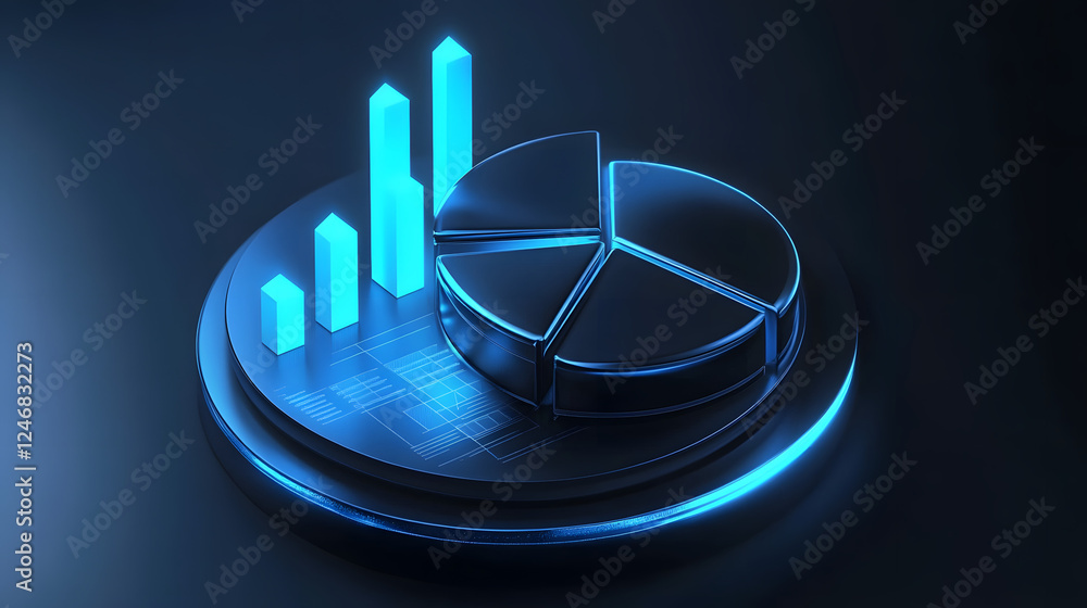 Poster Cute isometric 3D image of 3D pie chart and bar chart in realistic metallic silver illuminated by neon blue. add floating, transparent charts and circular measurement tools. ensure perfect shapes an