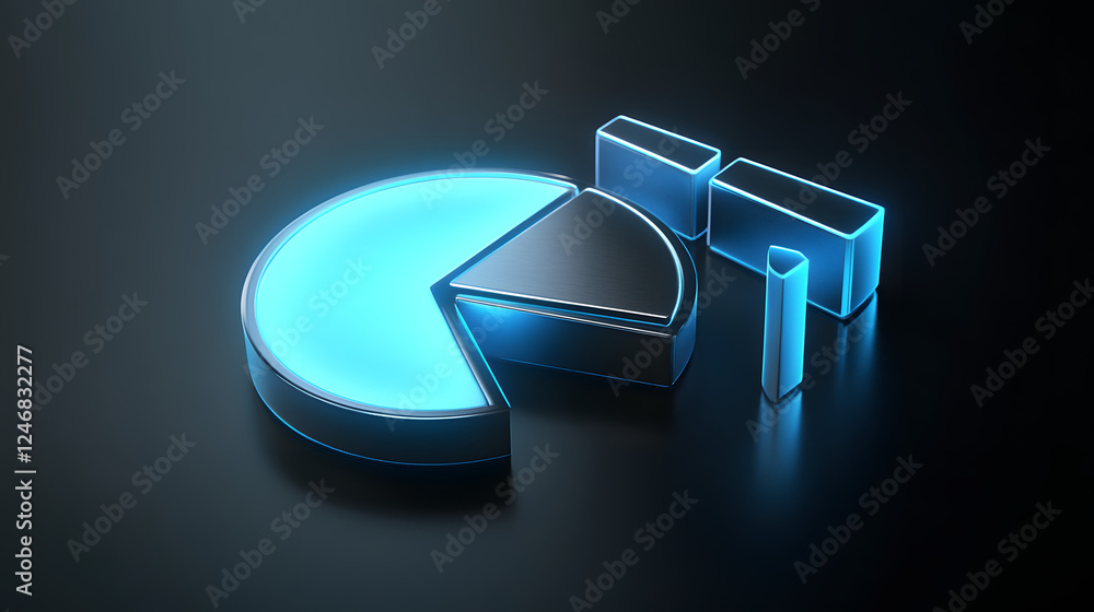 Poster cute isometric 3d image of 3d pie chart and bar chart in realistic metallic silver illuminated by ne