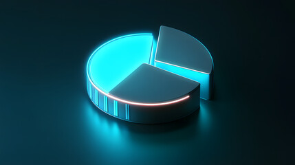 Cute isometric 3D image of 3D pie chart and bar chart in realistic metallic silver illuminated by neon blue. add floating, transparent charts and circular measurement tools. ensure perfect shapes an