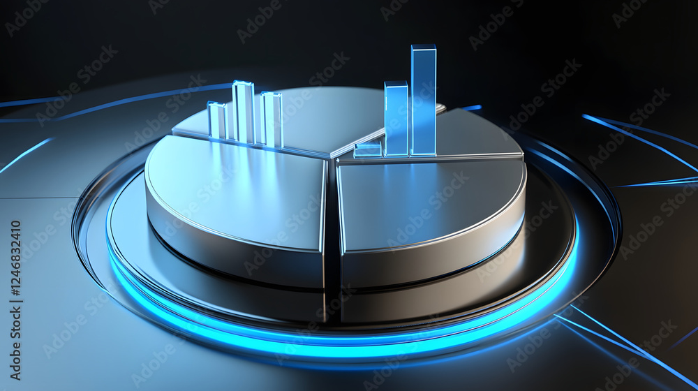 Poster cute isometric 3d image of 3d pie chart and bar chart in realistic metallic silver illuminated by ne