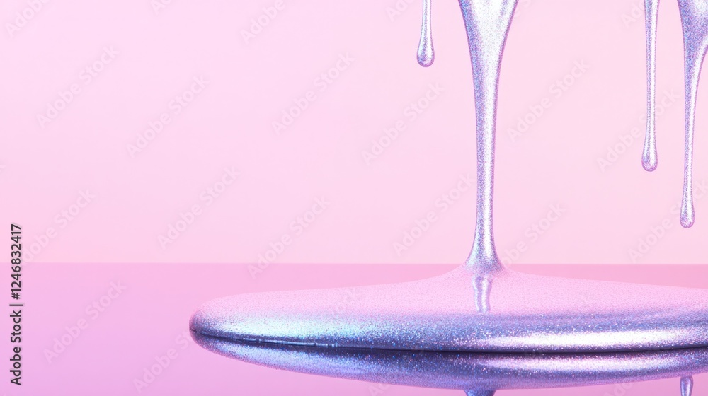 Poster dynamic depiction of liquid glitter makeup dripping in abstract patterns across glossy surface
