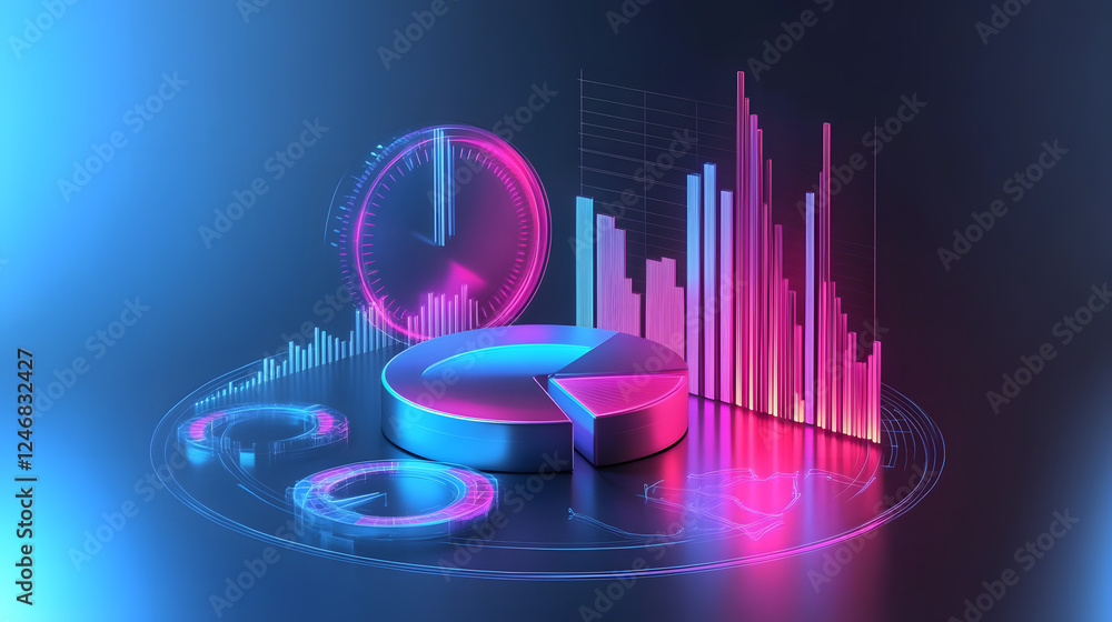 Poster cute isometric 3d image of 3d pie chart and bar chart in realistic metallic silver illuminated by ne