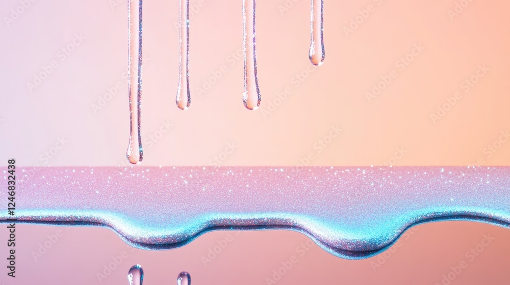 Poster dynamic depiction of liquid glitter makeup dripping in abstract patterns across glossy surface