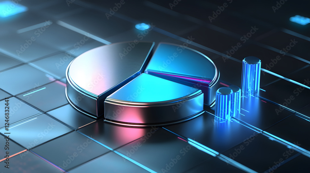 Poster cute isometric 3d image of 3d pie chart and bar chart in realistic metallic silver illuminated by ne