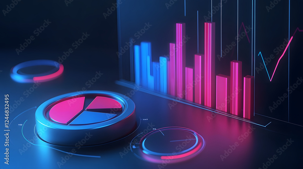 Poster cute isometric 3d image of 3d pie chart and bar chart in realistic metallic silver illuminated by ne