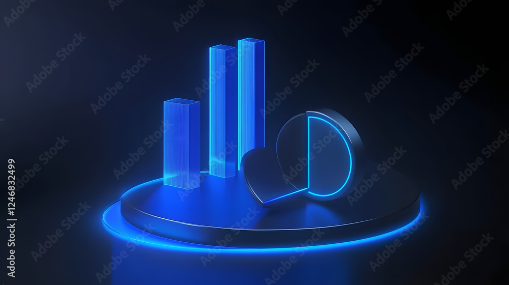 Poster cute isometric 3d image of 3d pie chart and bar chart in realistic metallic silver illuminated by ne